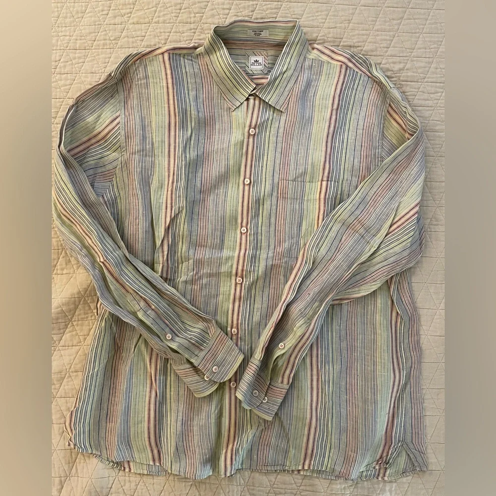 PETER MILLAR Multicolor Stripe Linen Sport Shirt‎ Size XL $160